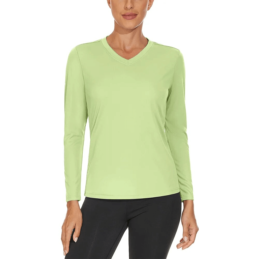 Sun-protective women's sports top with long sleeves, V-neck, quick-dry, breathable green polyester, perfect for outdoor adventures.